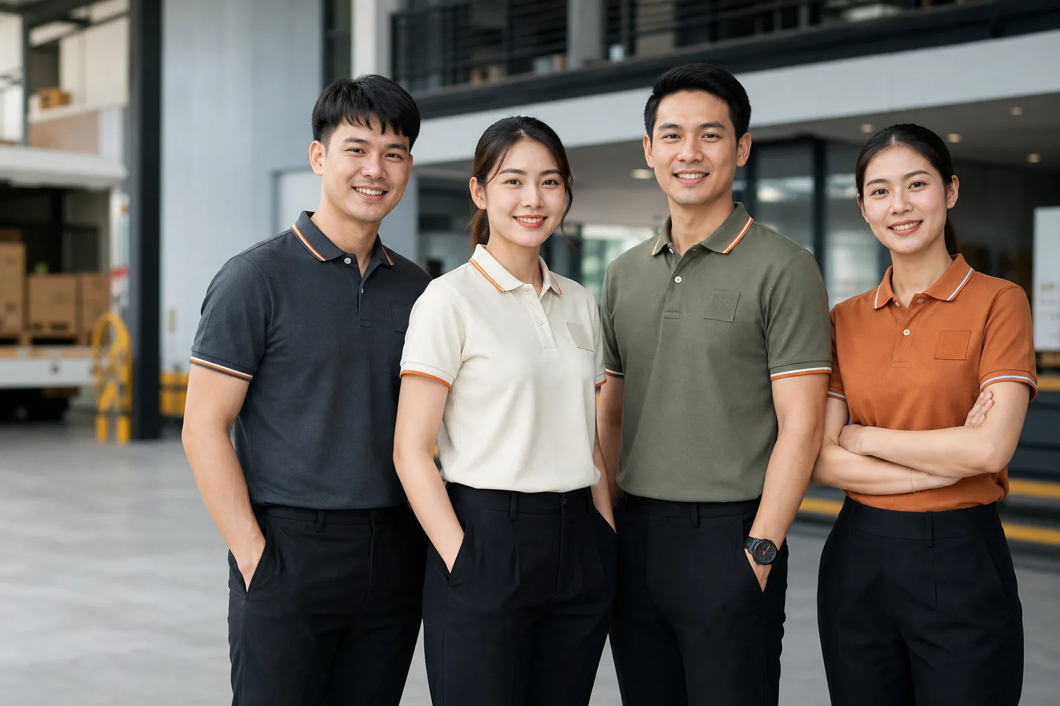 ทีมพนักงานไทยสวมเสื้อโปโลยูนิฟอร์มสี่สีอย่างเป็นมืออาชีพ