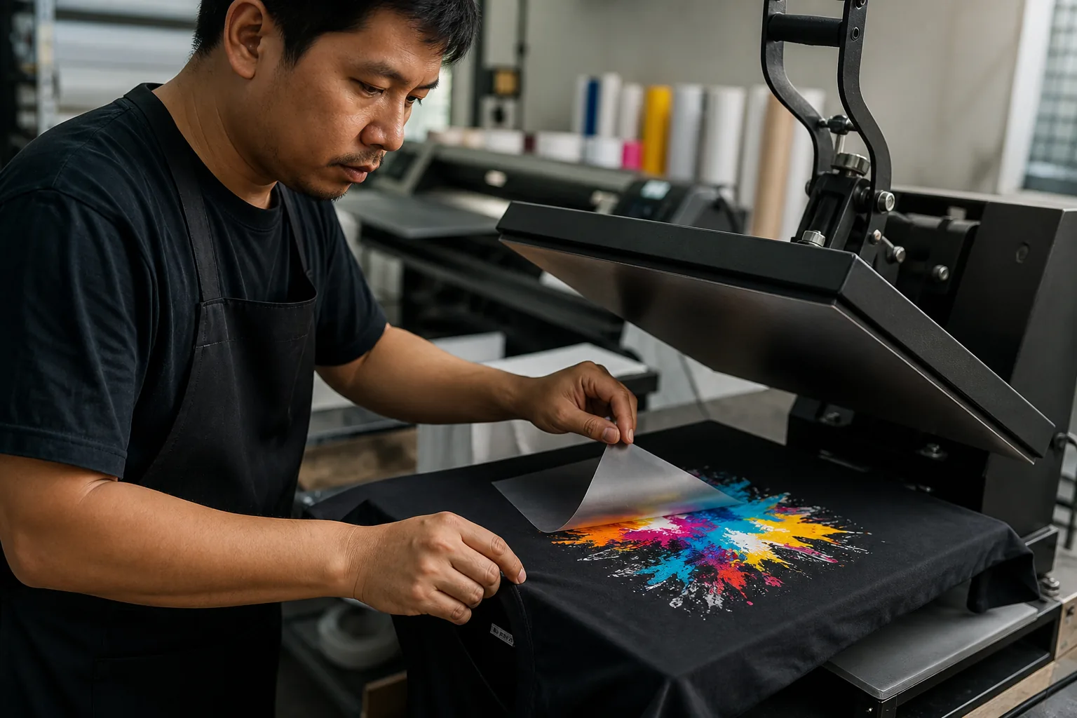 ช่างกำลังลอกฟิล์ม DTF หลังรีดลายสีลงบนเสื้อยืดสีดำ